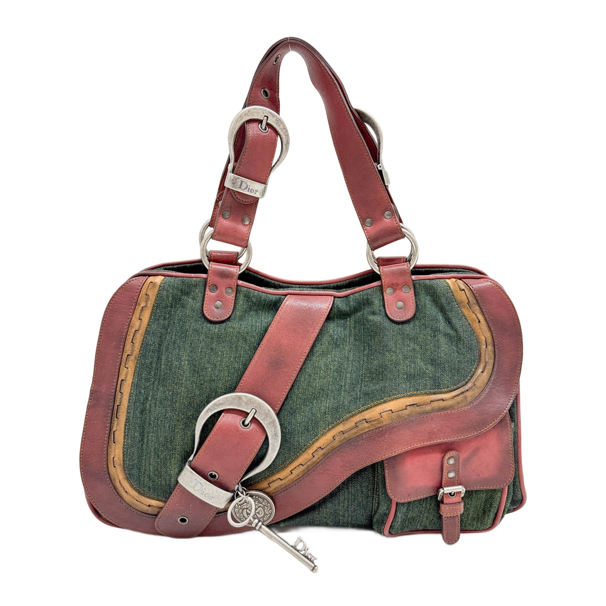 Gaucho Green Denim and Red Leather Shoulder Bag