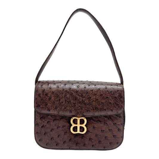 Brown Ostrich Embossed Leather BB Logo Clasp Shoulder Bag