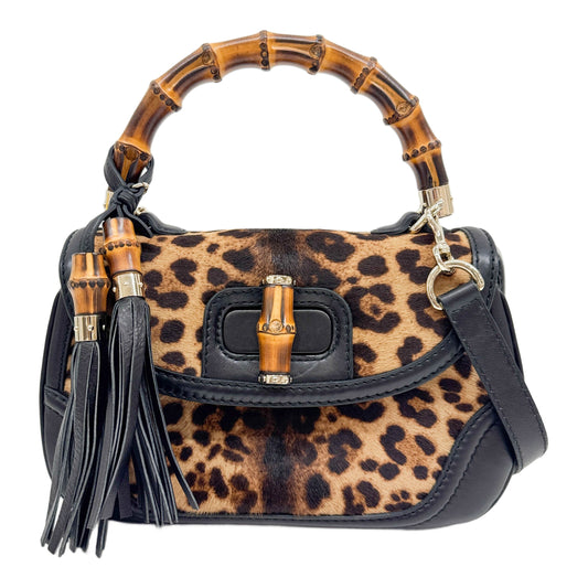 New Convertible Bamboo Top Handle Brown Leopard Print Pony Hair with Black Leather Trim Two Way Bag