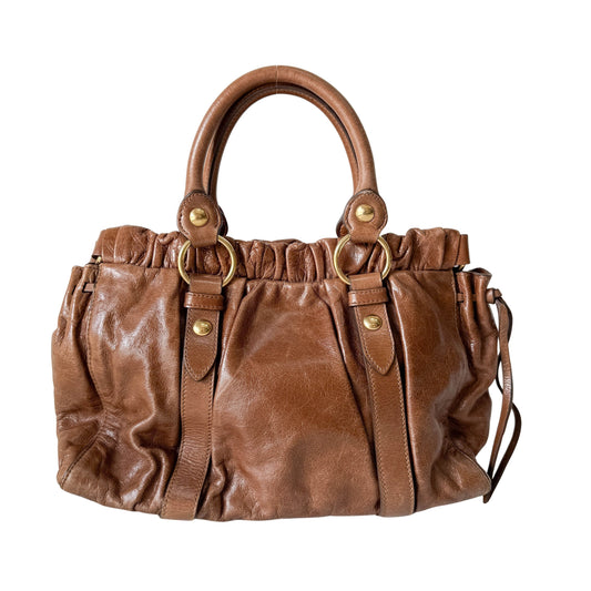Vitello Bauletto Brown Calfskin Leather Two Way Bag