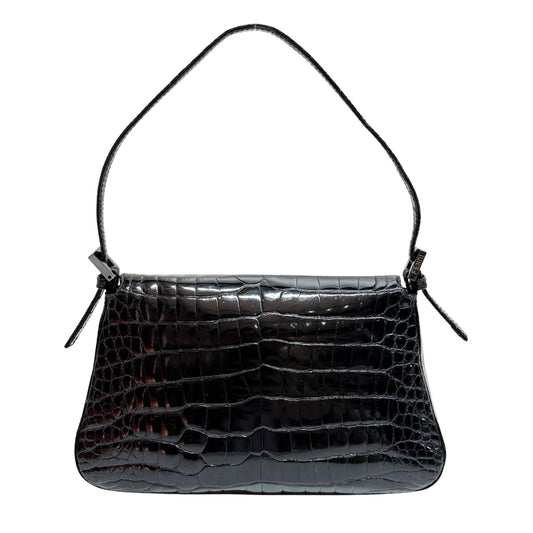 Mini Mamma Baguette Black Crocodile Embossed Shoulder Bag