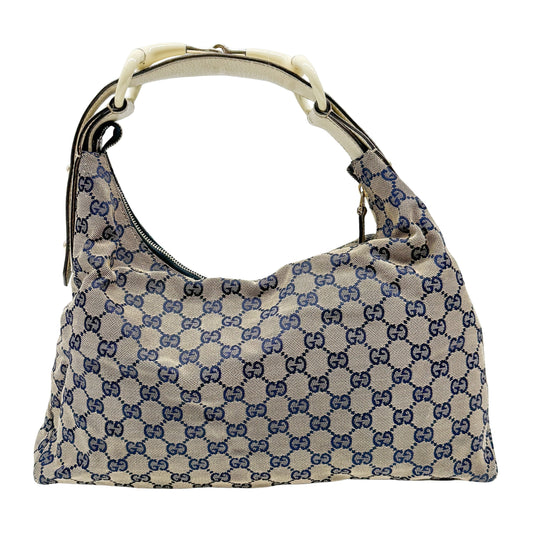 Horsebit Beige Canvas Shoulder Bag