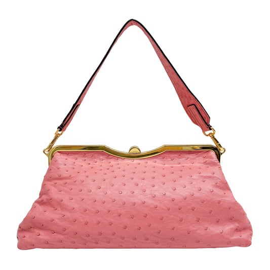 Pink Ostrich Leather Clutch Shoulder Bag