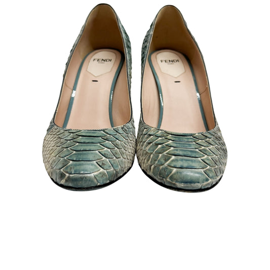 Size 36 Blue & White Python Embossed Leather Heels