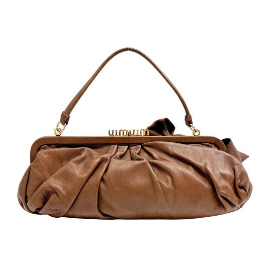 Bow Brown Leather Clutch/Hand Bag