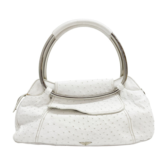 White Ostrich Embossed Leather Shoulder Bag