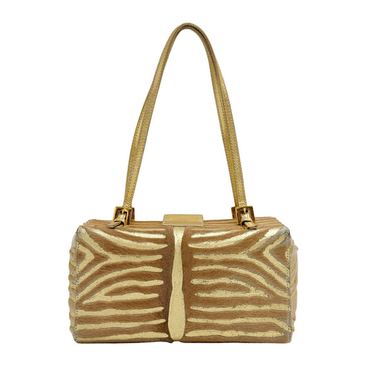Mamma Baguette Gold Zebra Striped Pink Pony Hair Box Bag