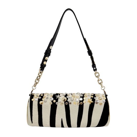 Vintage Black and White Studded Zebra Print Shoulder Bag