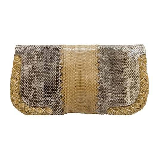 Brown Python Embossed Leather Clutch Bag
