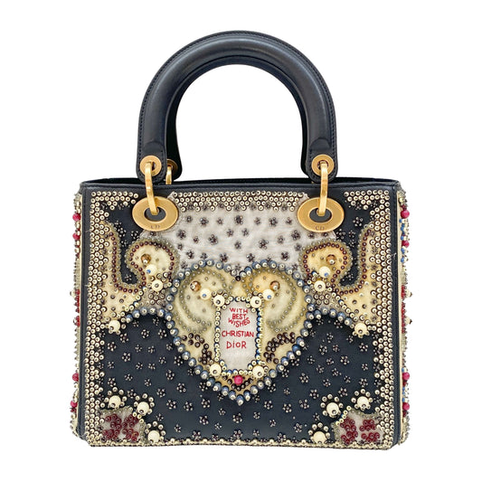 Lady Dior Black Leather Embroided Beads Bag