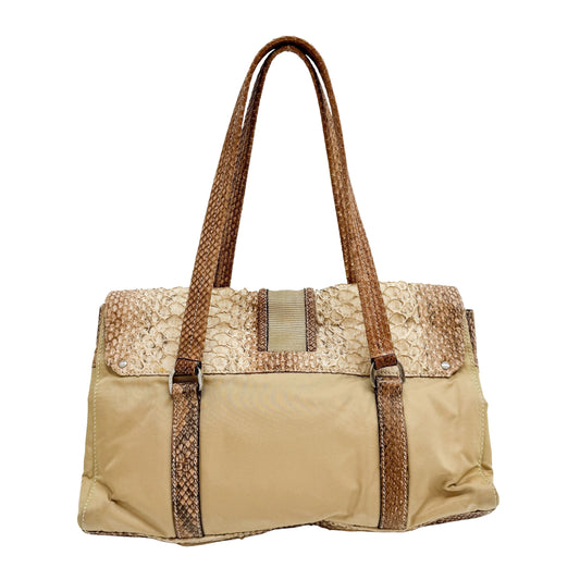 Python Embossed Beige Nylon Shoulder Bag