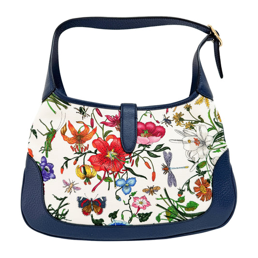 Jackie Floral Print Navy Leather Shoulder Bag