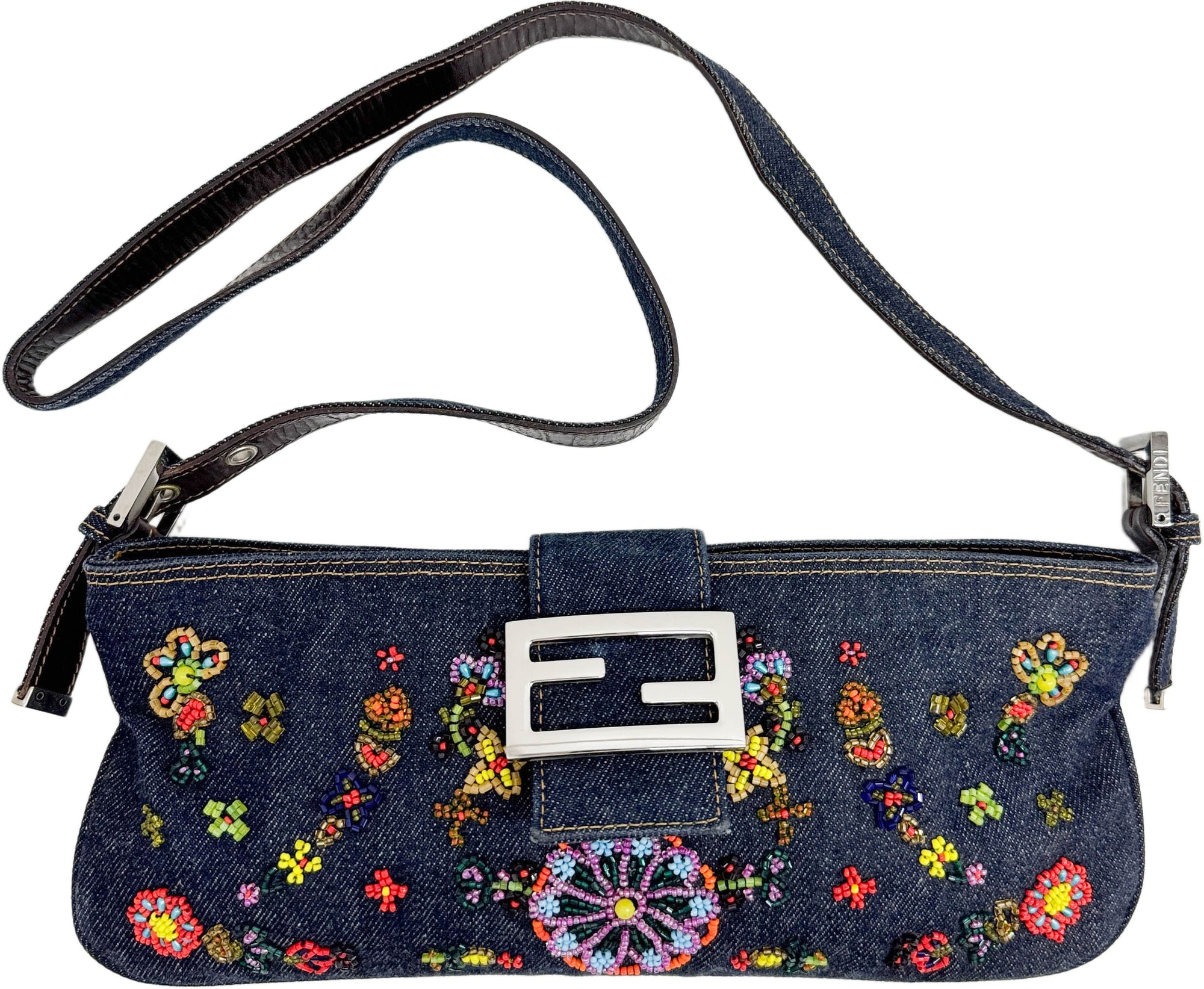 Zip Pochette Floral Beaded Navy Denim Shoulder Bag