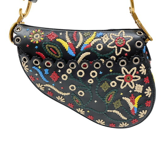Saddle Multi-color Embroidered Leather Hand Bag