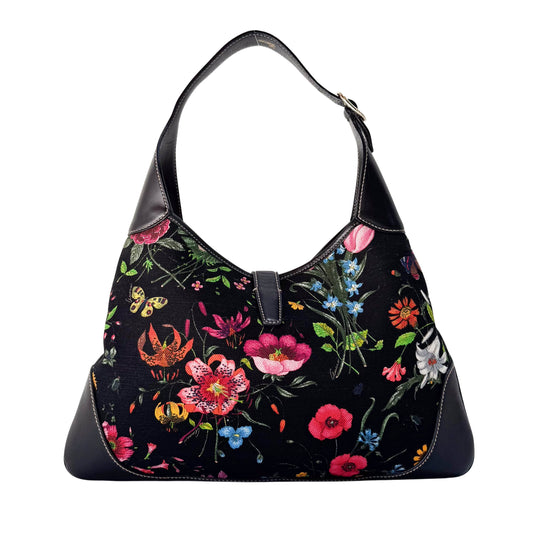 Jackie Bouvier Floral Printed Canvas Hobo Shoulder Bag