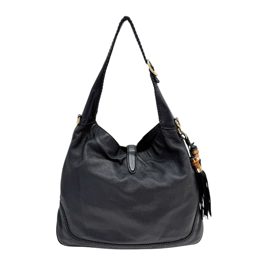 Jackie GG Black Leather Hobo Bag with Tassels