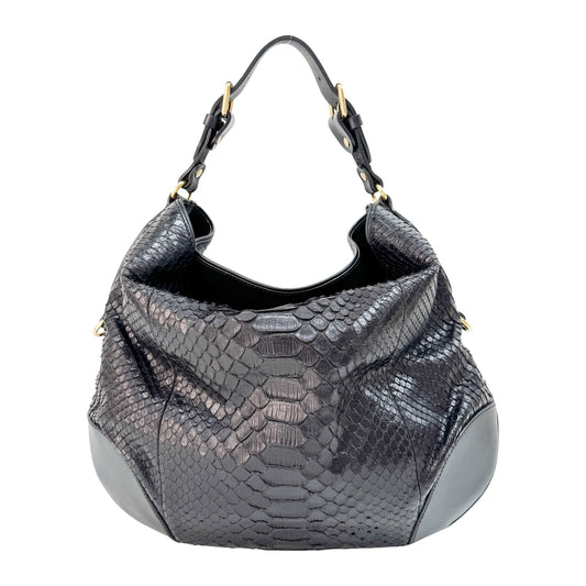 Black Python Embossed Studded Leather Shoulder Bag