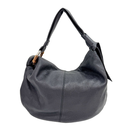 Black Leather Hobo Bag with Tassels