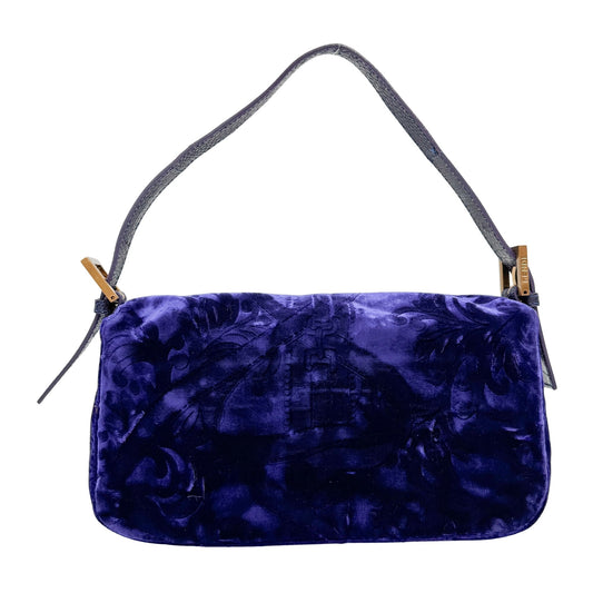 Baguette Blue Embroidered Velvet Shoulder Bag