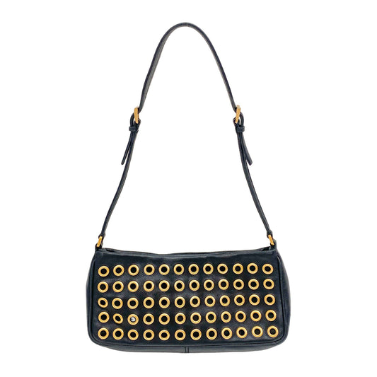 Eyelet Studs Black Leather Shoulder Bag
