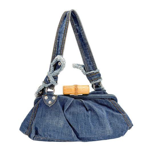 Navy Denim Bamboo Hardware Shoulder Bag