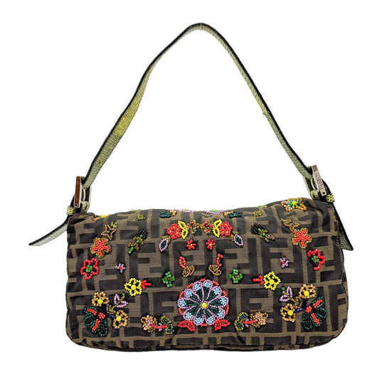 Baguette Brown Python Embossed Hardware Floral Beaded Canvas Shoulder Bag