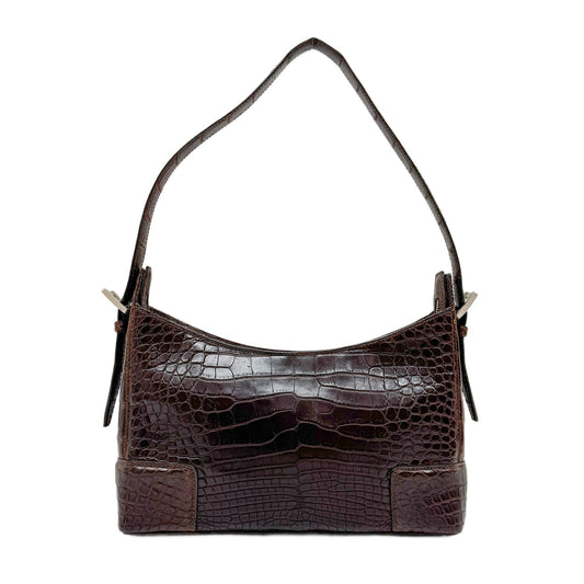 Brown Crocodile Embossed Leather Shoulder Bag