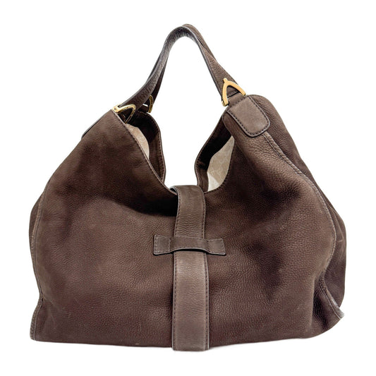 Stirrup Dark Brown Nubuck Leather Shoulder Bag