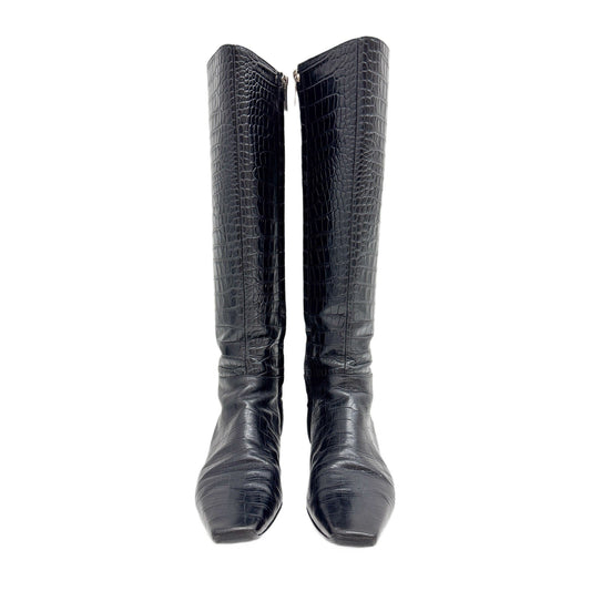 Size 37 1/2 EU Black Crocodile Embossed Leather Knee High Boots