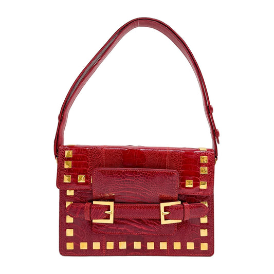 Studded Red Crocodile Embossed Leather Shoulder Bag