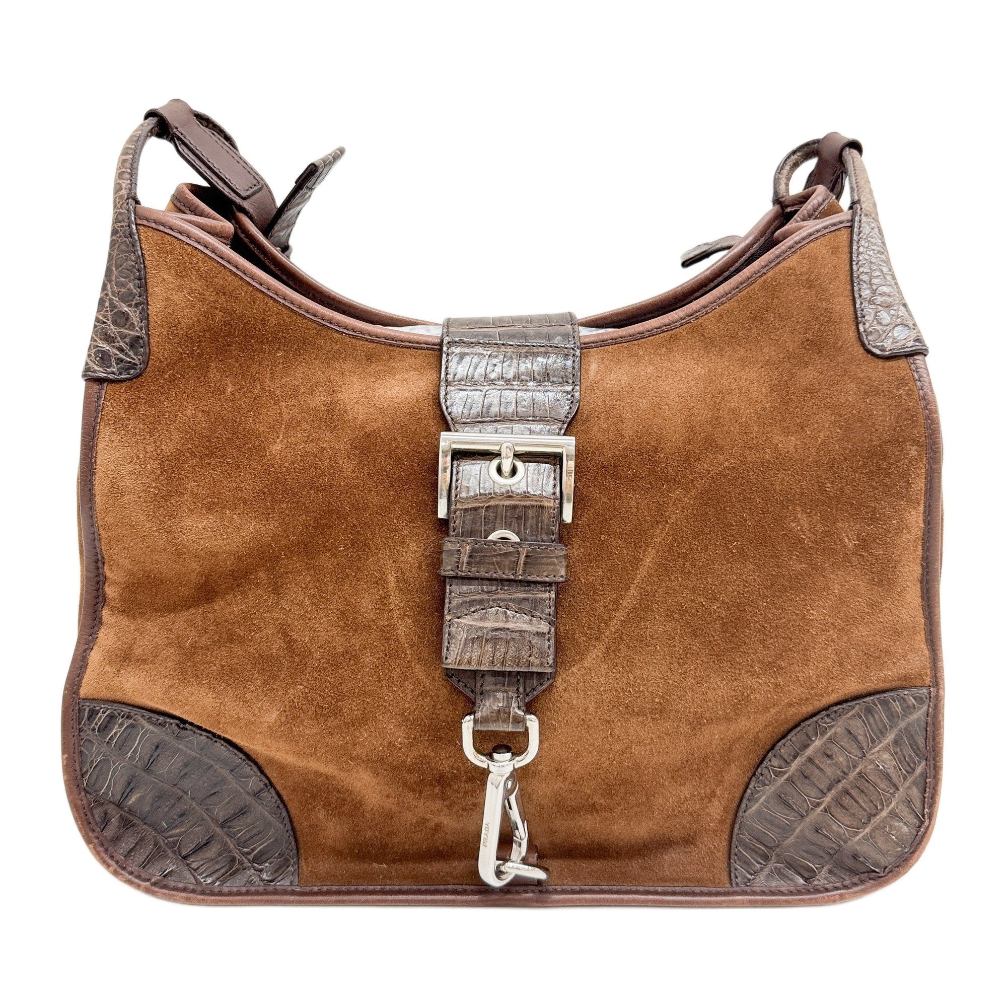 Studded Strap Brown Crocodile Embossed Leather Suede Cross Body Bag