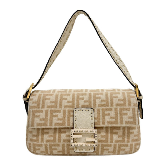 Baguette Beige Zucca Canvas Wool Shoulder Bag