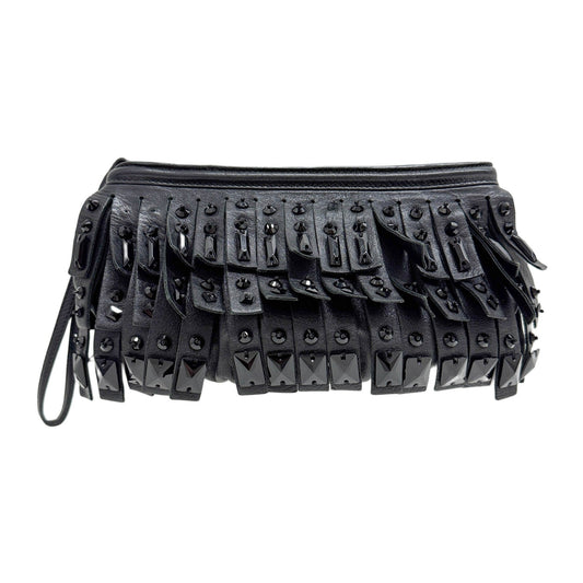 Beaded Fringe Black Leather Clutch Bag