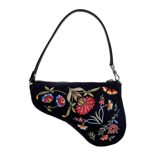 Saddle Pouch Floral Embroidered Black Nylon Shoulder Bag