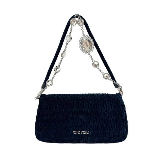 Matelasse Black Velour Crystal Clasp Shoulder Bag