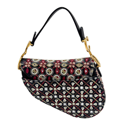 Mini Saddle Embroidered Black Leather Two Way Bag