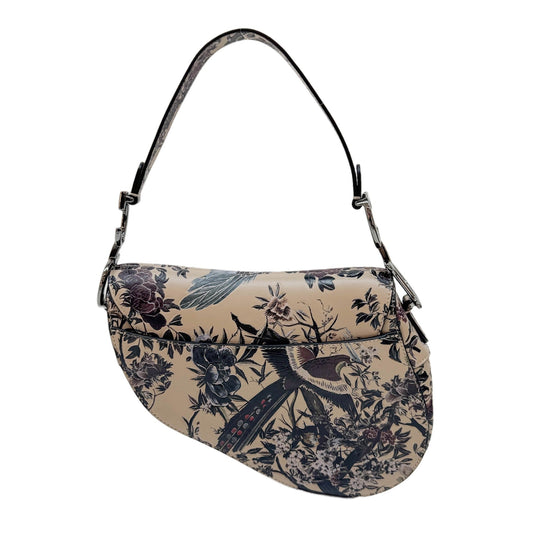 Saddle Birds & Floral Print Beige Leather Two Way Bag