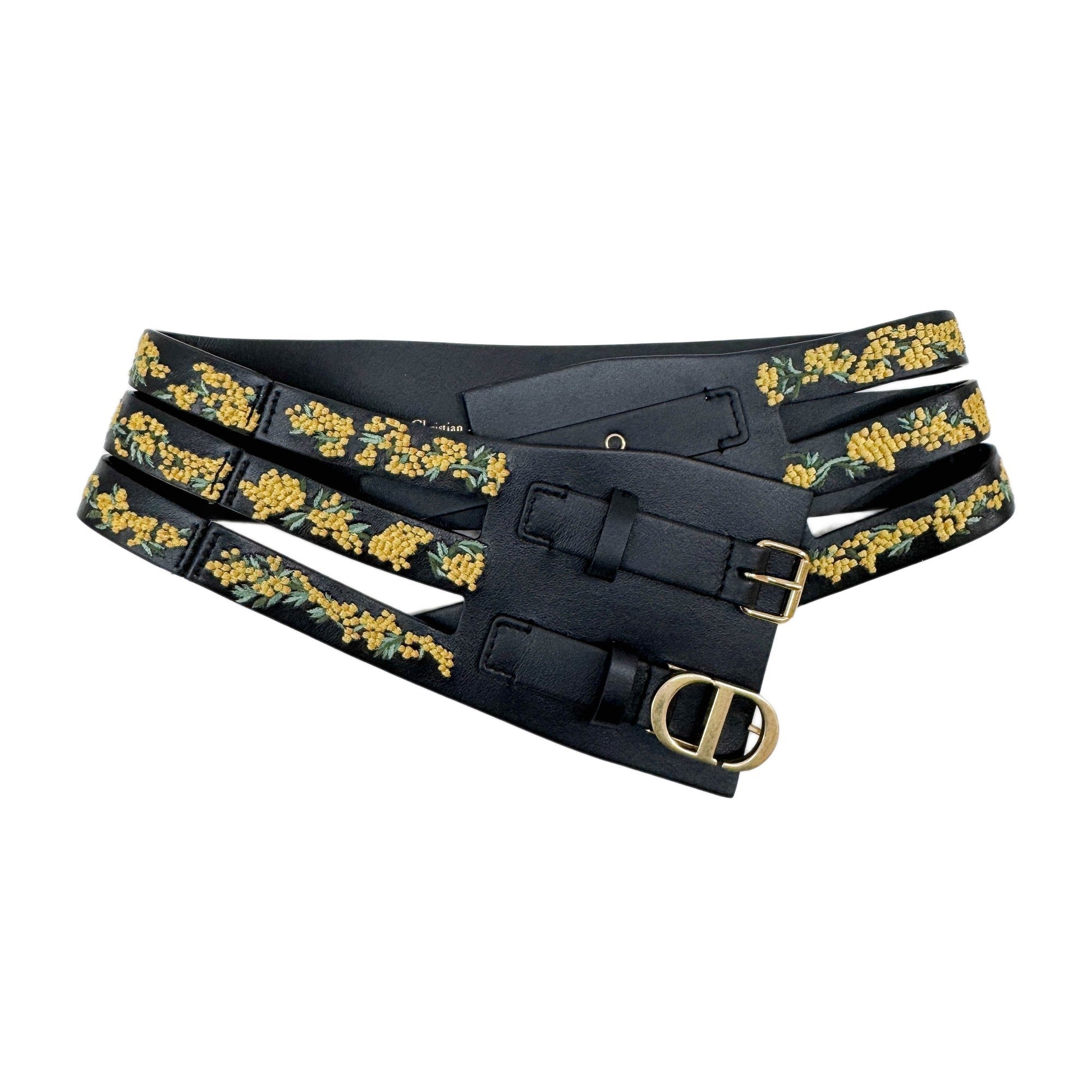 Size 70cm Flower Embroidered Black Leather Belt