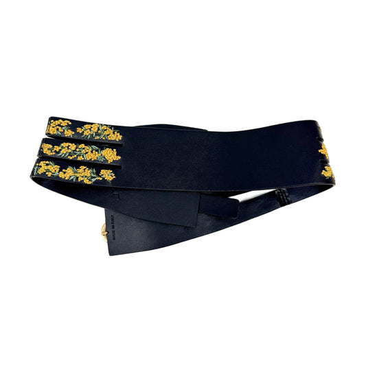 Size 70cm Flower Embroidered Black Leather Belt