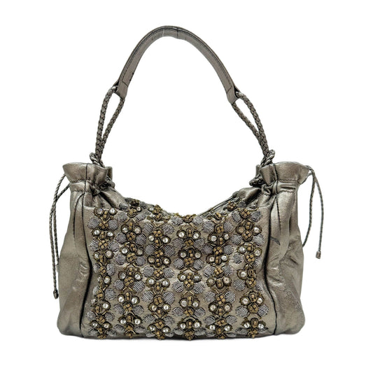 Beaded & Rhinestone Decore Light Khaki Metallic Leather Hand Bag