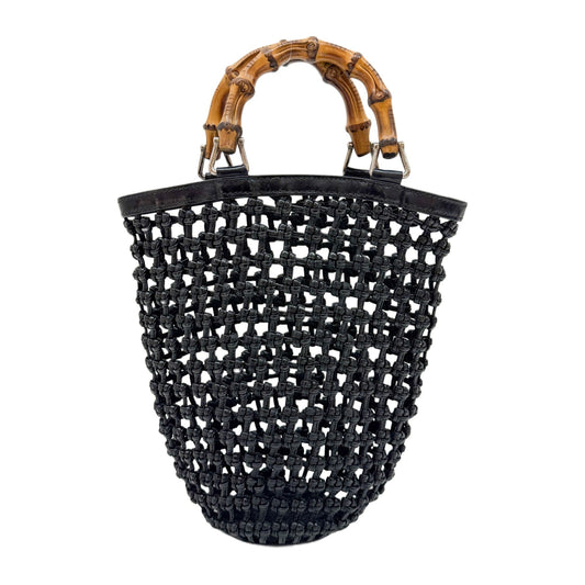 Bamboo Braided Mesh Black Leather Hand Bag
