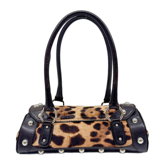 Studded Leather Trim Brown Leopard Print Pony Hair Shoulder Bag