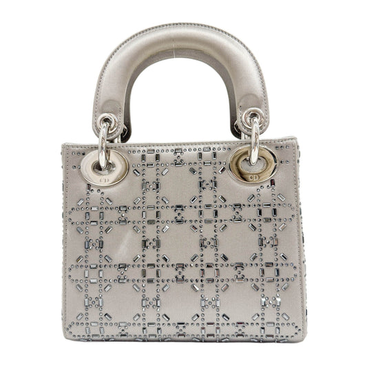 Mini Lady Dior Rhinestone Embedded Gray Satin Two Way Bag