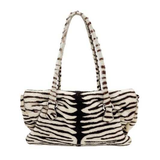 Brown & White Zebra Print Pony Hair Shoulder Bag