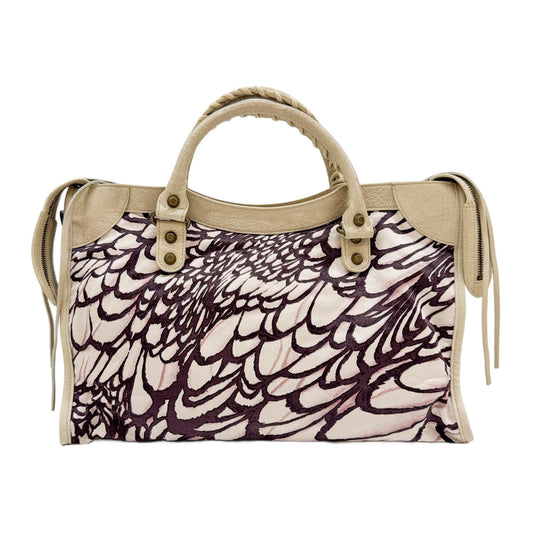 The City White & Purple Winged Print Nylon and Leather Two Way Bag