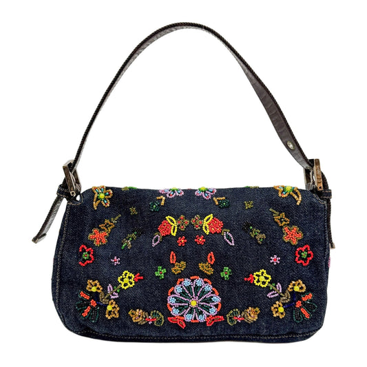 Baguette Floral Embroidered Navy Denim Shoulder Bag