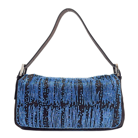 Baguette in Black Satin and Blue Sequin Embroidery Shoulder Bag