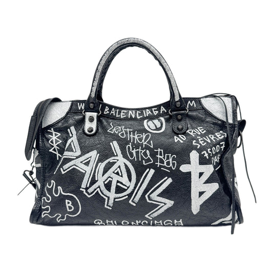 The City Graffiti Black Leather Two Way Bag
