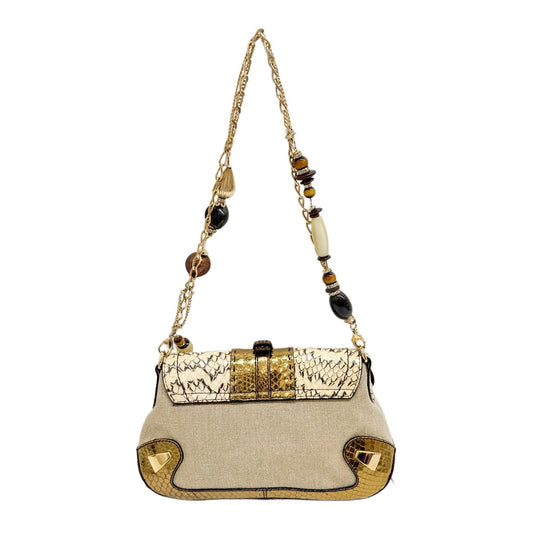 Gold & Brown Embossed Leather & Jute Shoulder Bag