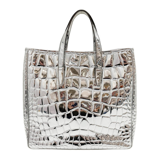 Silver Crocodile Embossed Leather Tote Bag